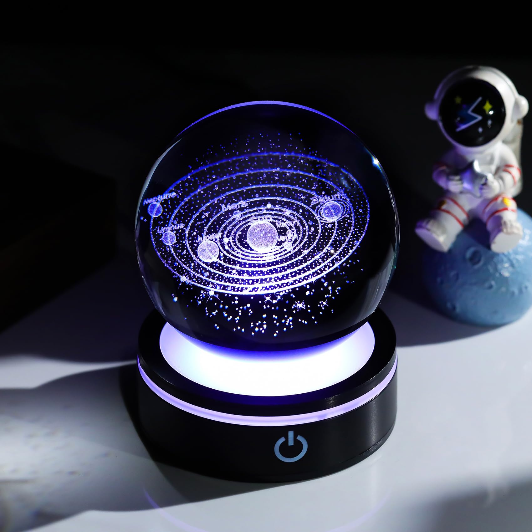 YWHL Sfera di cristallo con sistema solare 3D, 80 mm, con base luminosa, incisa al laser, in vetro, modello a sfera, luce notturna, decorazione spaziale, universo, astronomia, regali per donne,