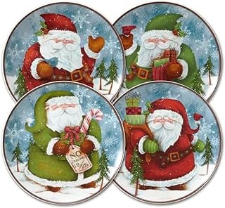 Pfaltzgraff Evergreen Ernie Santa Salad Plates, Set of 4, blue, white, green, red
