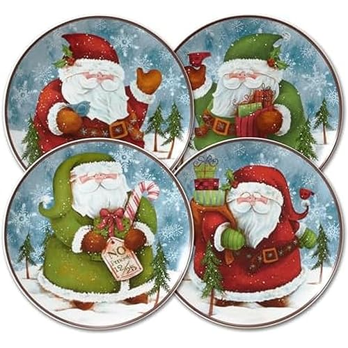 Pfaltzgraff Evergreen Ernie Santa Salad Plates, Set of 4, blue, white, green, red