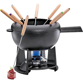 spring saas-fee cast iron fondue set black 20 cm in diameter with 8 fondue forks