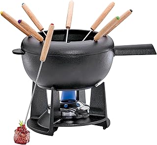 Spring SAAS-FEE Cast Iron Fondue Set, Black, 20 cm in Diameter with 8 Fondue Forks