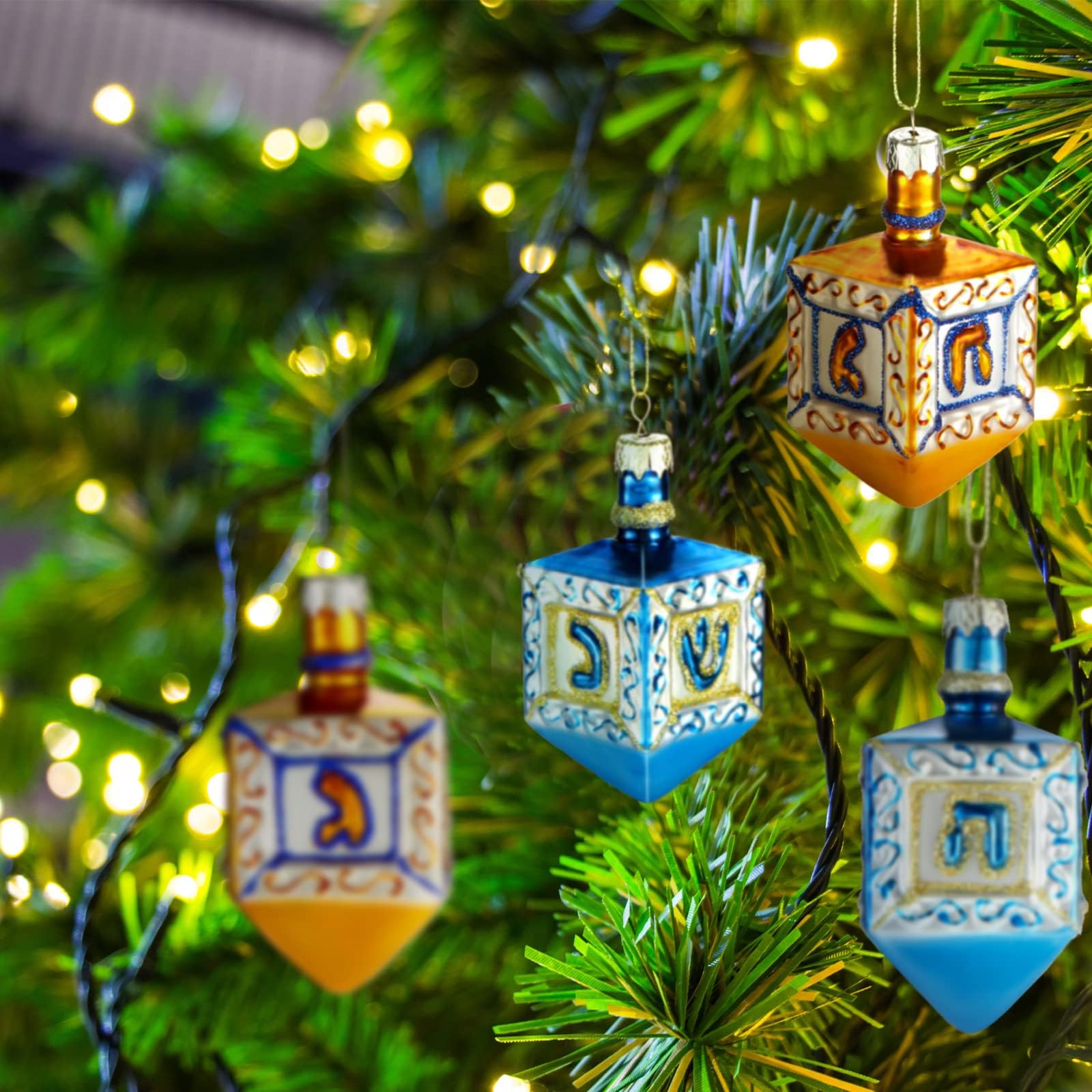 Hanukkah Decorations Jewish Christmas Ornaments Hanukkah Tree Ornaments Glass Dreidels Hanukkah Tree Decorations for Christmas Tree Wall Home Door Wreath Hanging (4 Pieces)