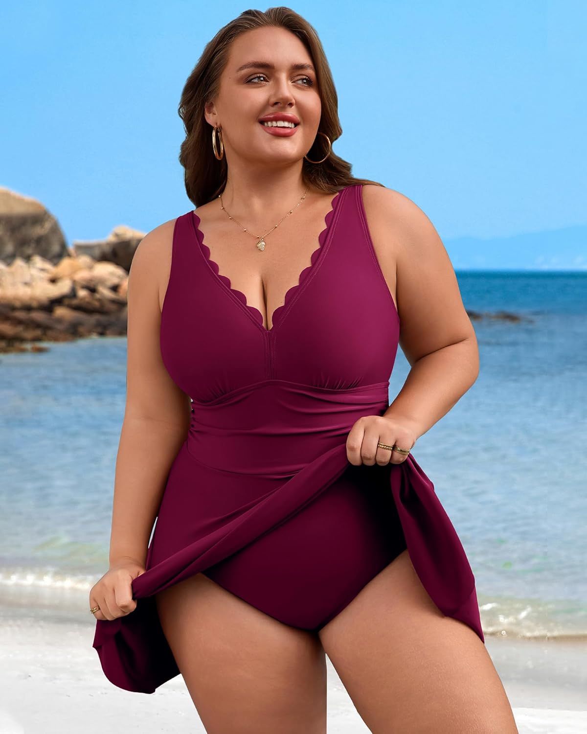Charmo Women Plus Size Swimdress One Piece Swimsuit Ruched Tummy Control Bathing Suit Scalloped V Neck Flowy Swimwear - Image 4