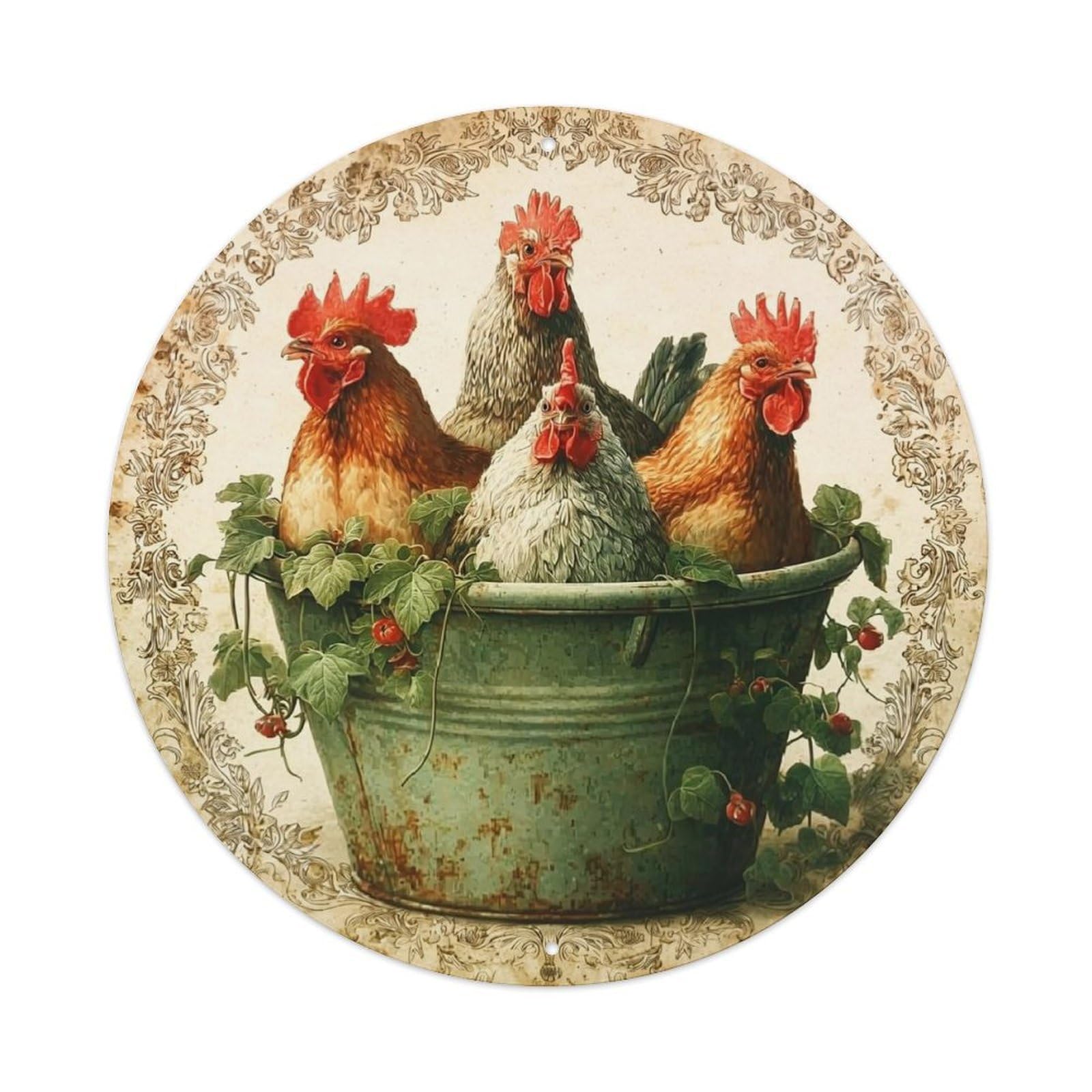 Chickens In Rustic Bucket With Ivy Retro Metal Sign Round Tin Sign, Vintage Decor Art Poster for Bar, Home, Man Cave, Kitchen, Laundry Room Gift 8x8Inch