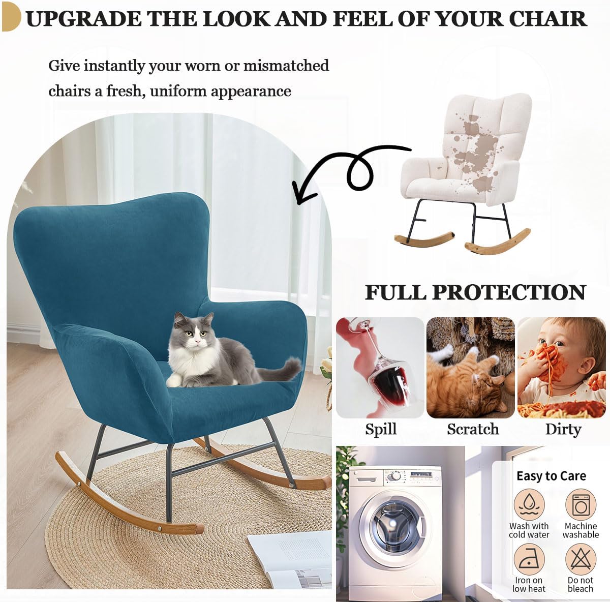 Levoberg Nursery Rocking Chair Cover Velvet Rocker Glider Chairs Cover Slipcovers Stretch Rocking Accent Chair Cover Recliner Armchair Slipcover for Nursery Living Room Bedroom Office Peacock Blue