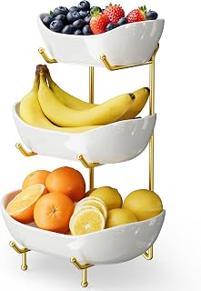 3 Tier Ceramic Fruit Bowl for Kitchen Counter – Fruit Basket with Gold Metal Stand , Fruit Holder for Snacks, Nuts, Cakes, Desserts, Bread, Candy Storage