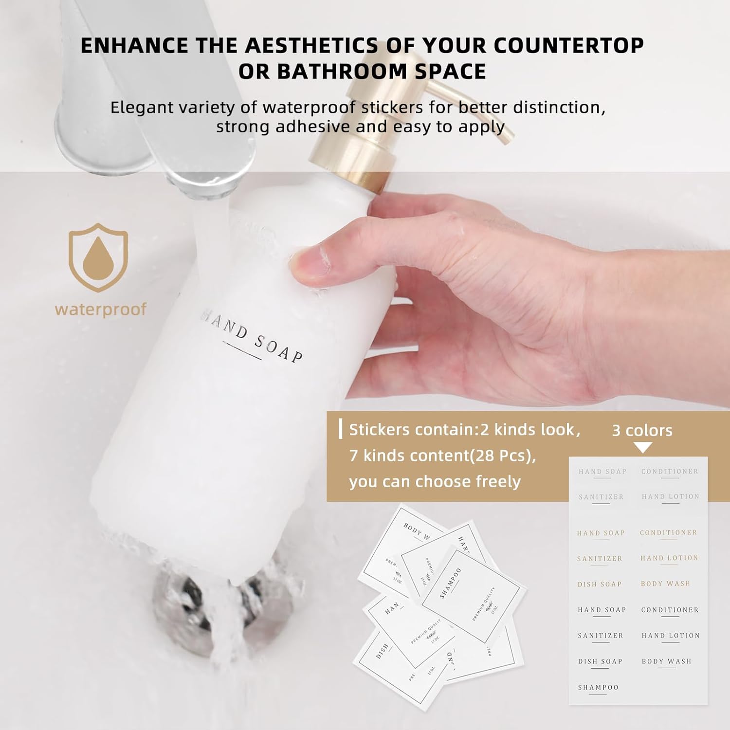 Soap Dispenser Bathroom - Dish and Hand Soap Dispenser Set, Glass Soap Lotion Dispenser with Pump for Kitchen with Tray, Waterproof Labels, 2 Lotion White Bottle/Gold Pump N - Image 4