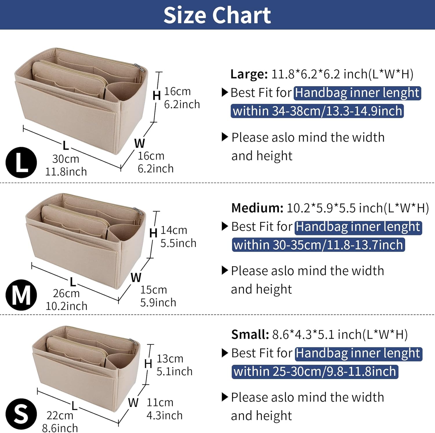 NOTAG Purse Organizer Insert,Felt Bag Organizer with Zipper Bag for Handbags Tote Organizer Shaper - Image 2