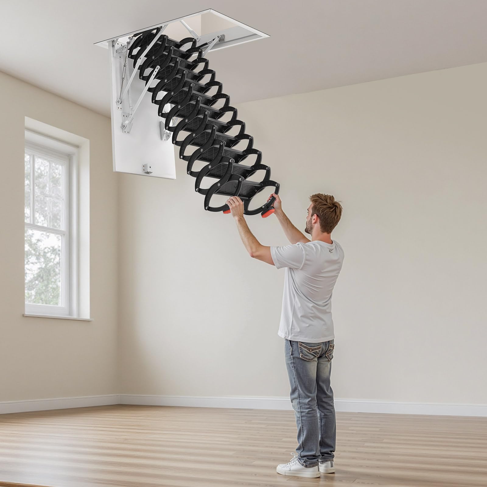 VEVOR Dachbodenleiter, Tragkraft 299,4 kg, passend für Deckenhöhen von 2,6 bis 2,85 m und Öffnungsgröße von 1000,76x698,5 mm, Scherentreppe aus legiertem Stahl mit Zugstange für Dachboden