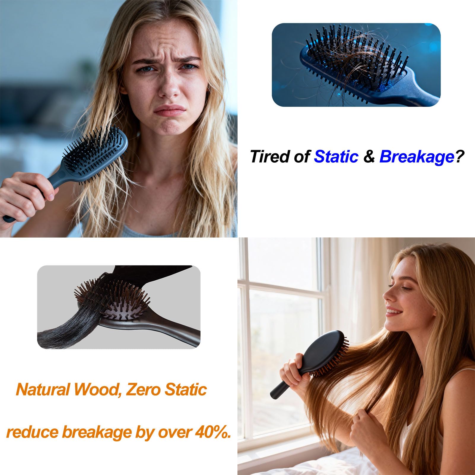 Spazzola per capelli artigianale in legno – setole in legno naturale con cuscino in gomma altamente elastica, spazzola antistatica per ridurre la rottura dei capelli e il massaggio del cuoio