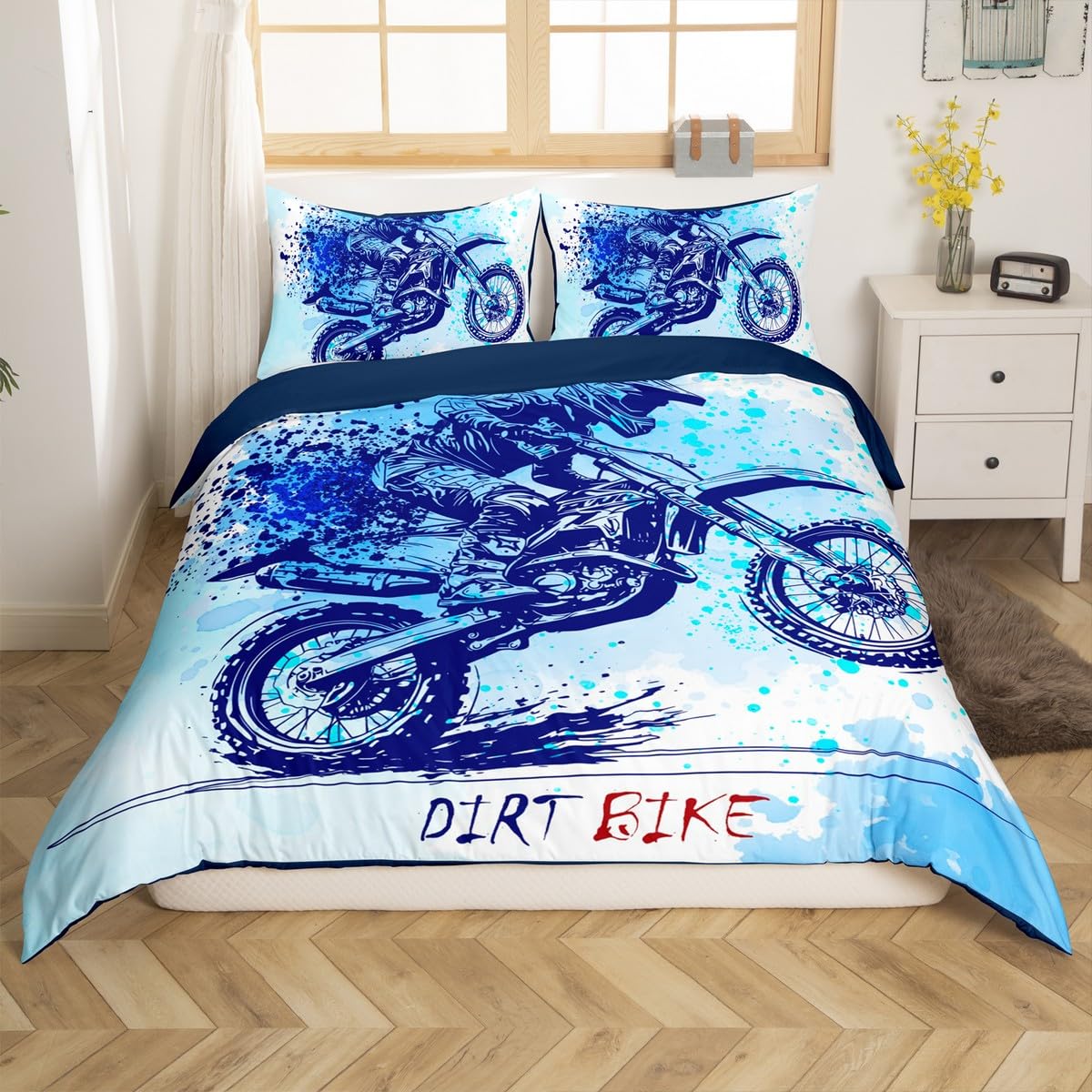Loussiesd Graffiti Dirt Bike Duvet Cover Set Single Size For Kids Boys Teens Extreme Sports Bedding Set Racing Motocross Rider Comforter Cover with 1 Pillowcase — image 1