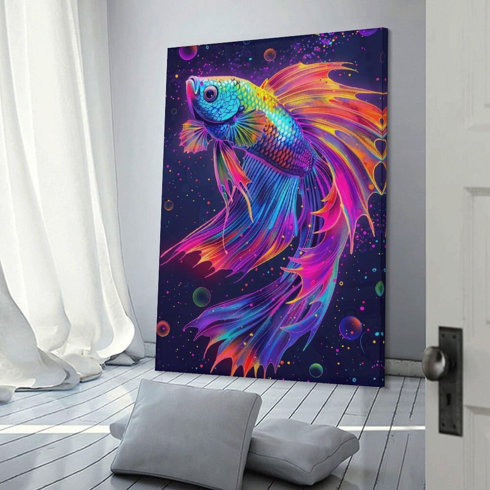 Junmoney Frame-Style-17 Neon Betta Fish Psychedelic Art Home Decor Wall Art 24X36inch(60X90cm), For Gallery Wall Layouts In Home Or Office, A Versatile Canvas Print For Layering