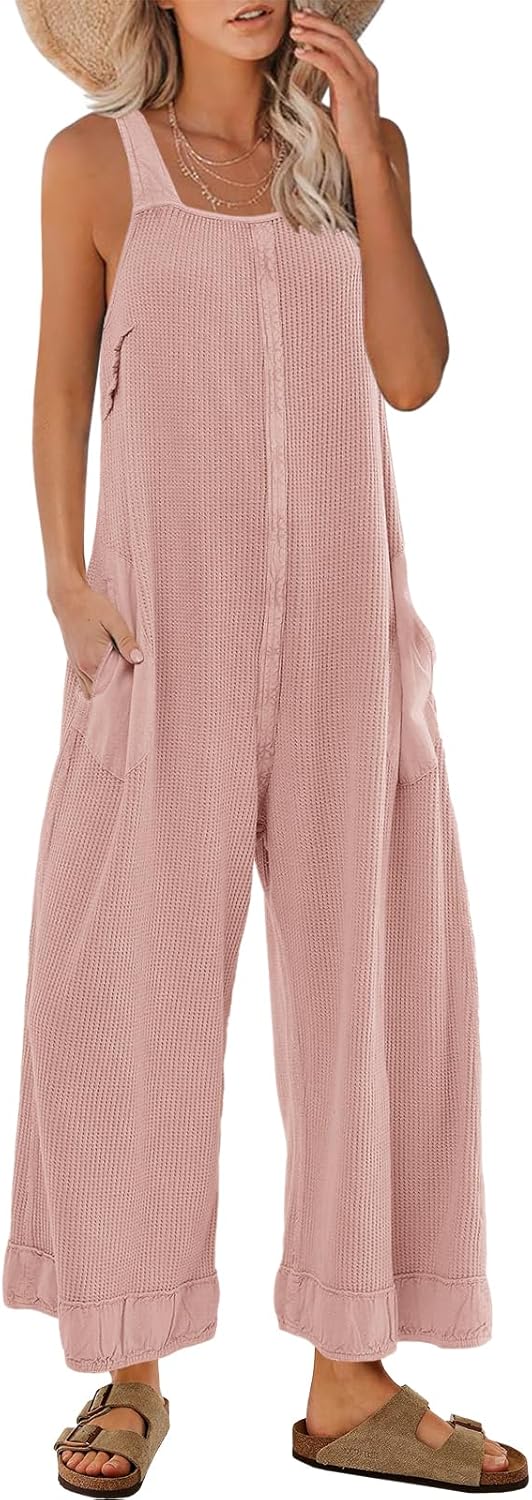 Panadila Womens Waffle Knit Jumpsuit Casual Wide Leg Jumpsuits Oversized Long Rompers Open Back Loose Overalls