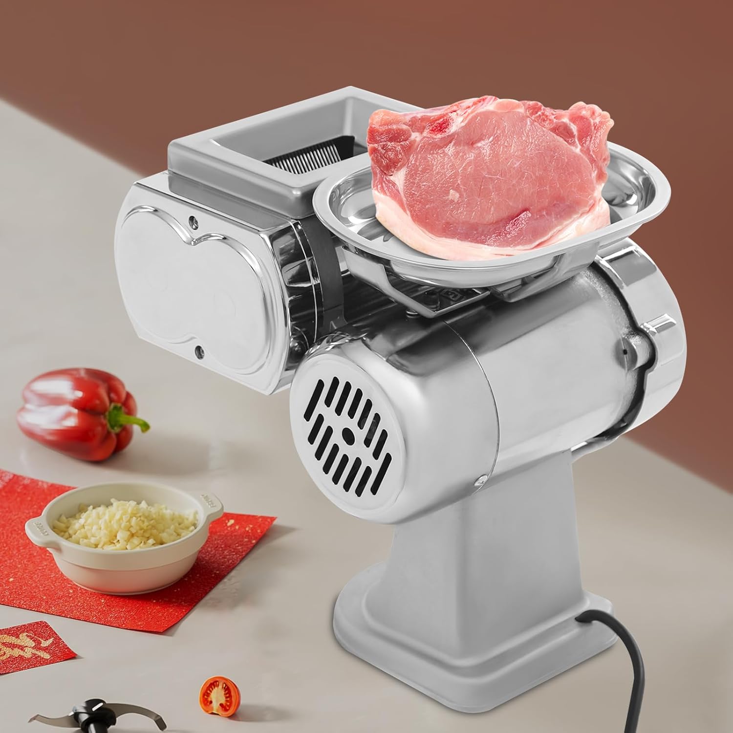 1.7mm/0.07in Electric Meat Cutter 600W Automatic Kitchen Meat Cutting Machine Raw & Deli Food Slicer for Boneless Pork Sliced Fish Softer Vegetables etc., 3.35x1.97in Feeding, Storage & Catching Tray