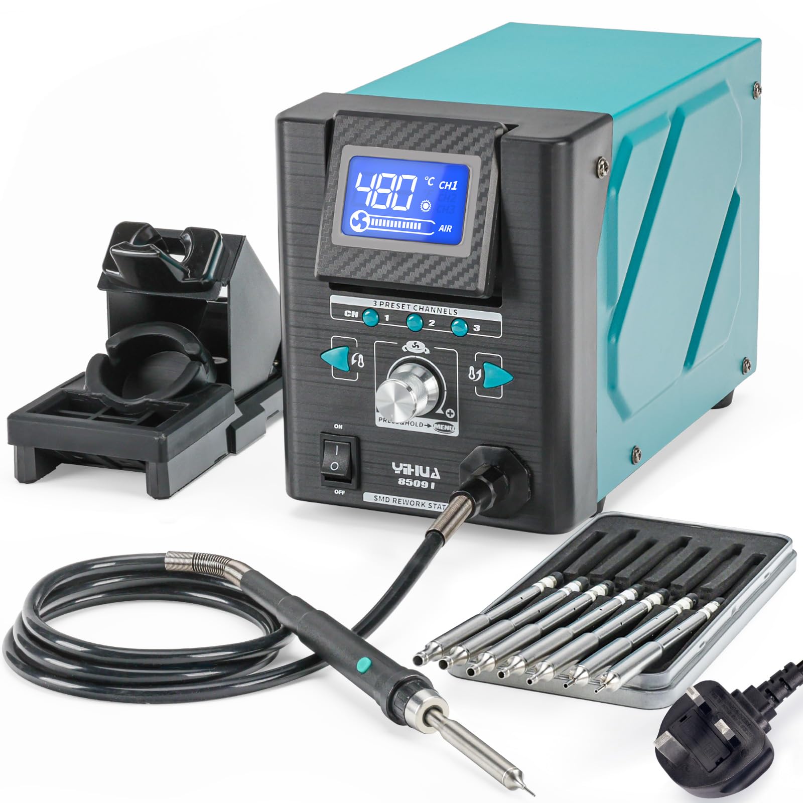 YIHUA 8509-I Precision Hot Air Soldering Station Hot Air Station with Rapid Heating, Tiltable Display, 3 Pre-Set Channels, 8 Hot Air Nozzles for SMD Rework and Repair for Micro Soldering (UK Plug)