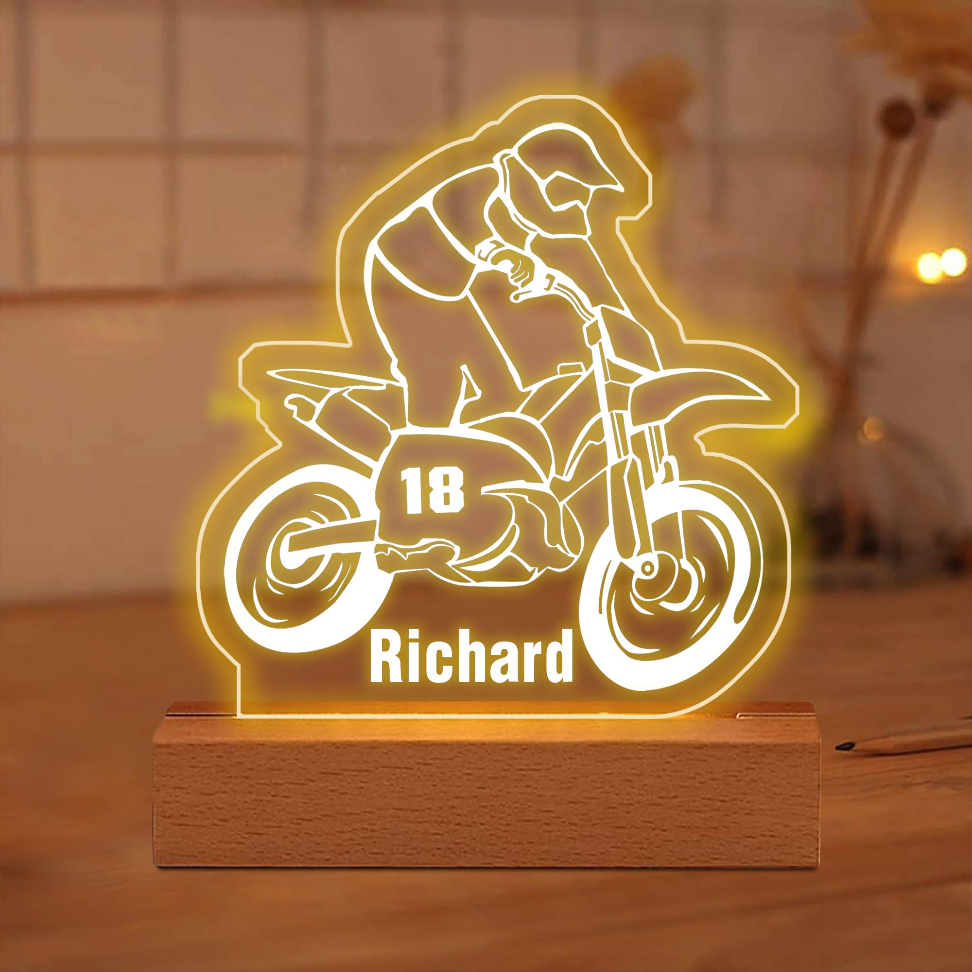 Lampada Da Motocross Personalizzata Con Nome - Luce Notturna LED Per Appassionati Moto, Regalo Per Uomini E Bambini