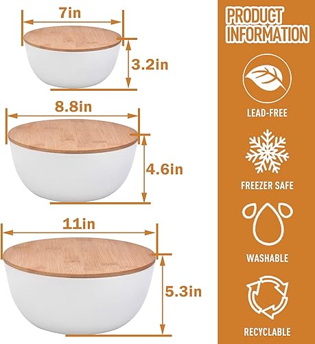 Miniatura 3 de Panghuhu88 Tazón de ensalada con tapa, juego de 3 (7 + 8.8 + 11 pulgadas) cuencos para servir con cubierta de bambú, tazón de fibra de bambú para