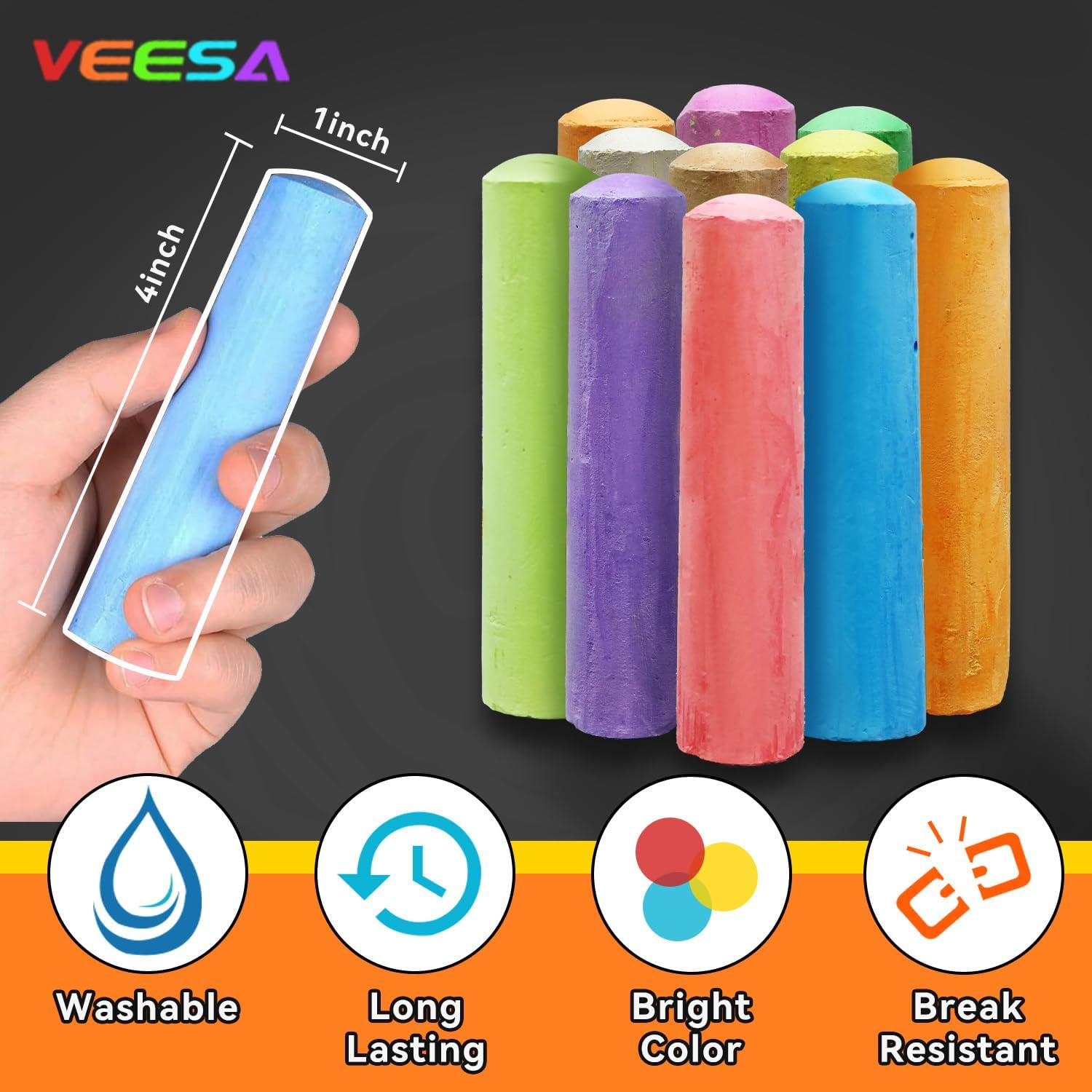 VEESA Sidewalk Chalk Washable, 52pcs 4” x 1”, 10 Bright Colors | Jumbo Colored Chalk Set for Kids, Outdoor, Driveway, Playground, Chalkboard