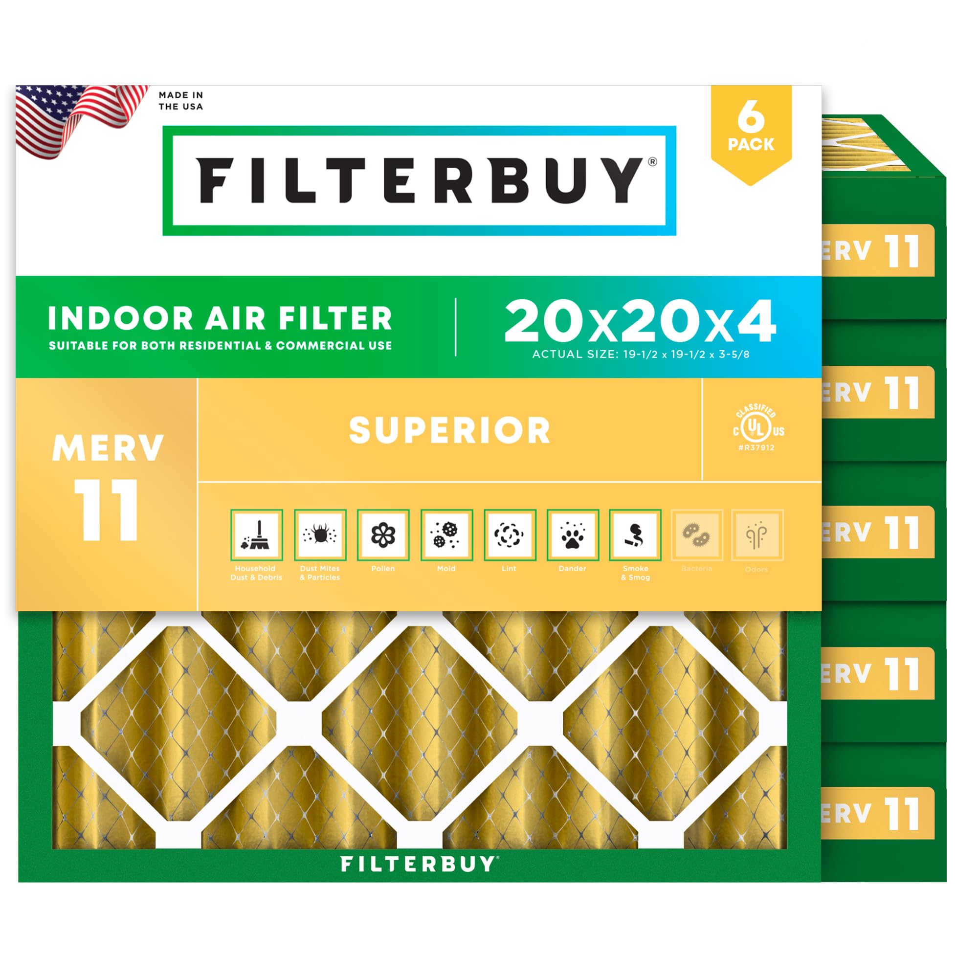 Filterbuy 20x20x4 Air Filter MERV 11 Pet &amp; Allergy Defense (6-Pack)