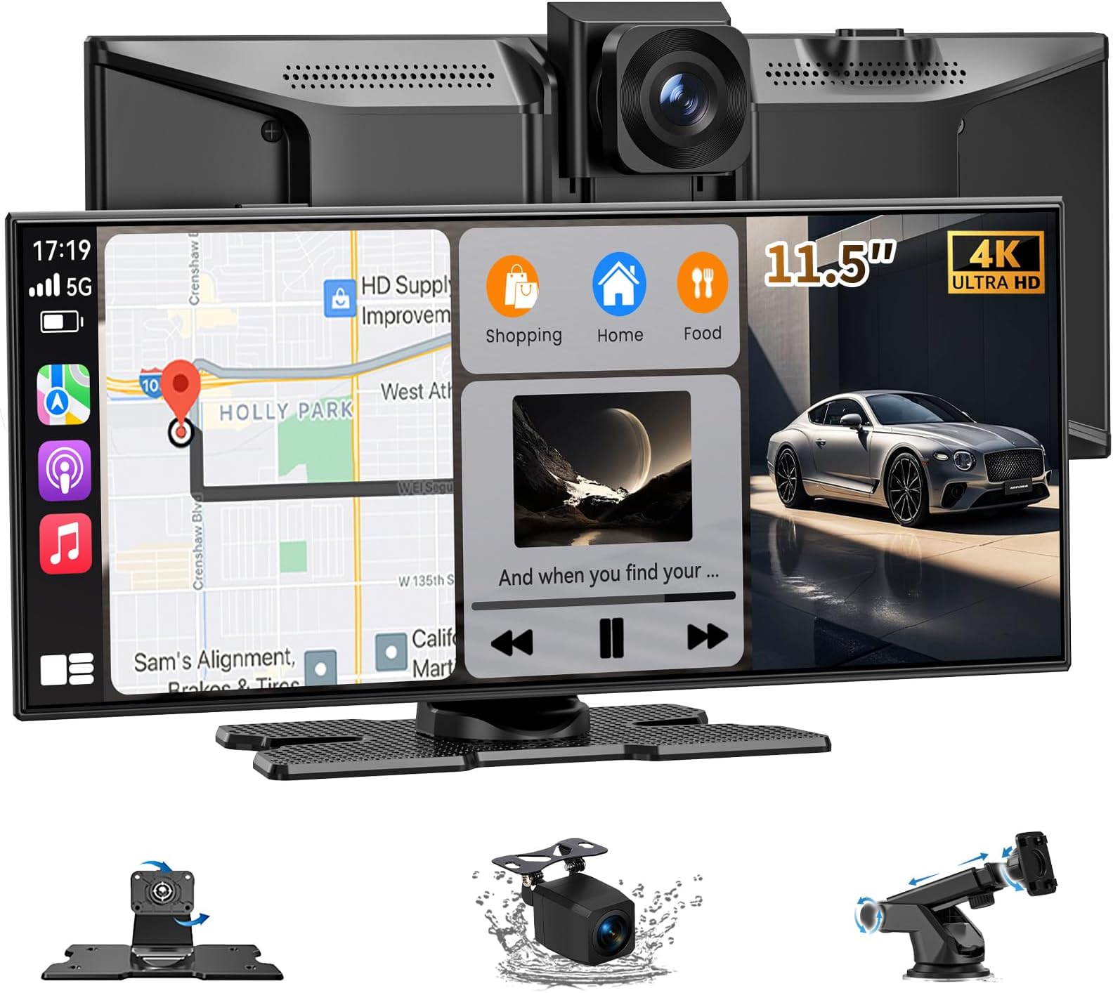 Carplay Screen for Car, Largest 11.5" Wireless Carplay & Android Auto Screen with 4K Dashcam / 1080P Rear Camera, Compatible with A-pple Carplay, Bluetooth, FM, TF Card, Voice Control, Navigation