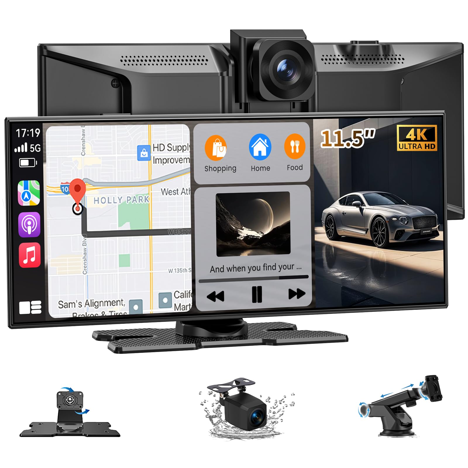 Carplay Screen for Car, Largest 11.5" Wireless Carplay&Android Auto Screen with 4K Dashcam / 1080P Rear Camera, Compatible with A-pple CarPlay, Bluetooth, FM, TF Card, Voice Control, Navigation