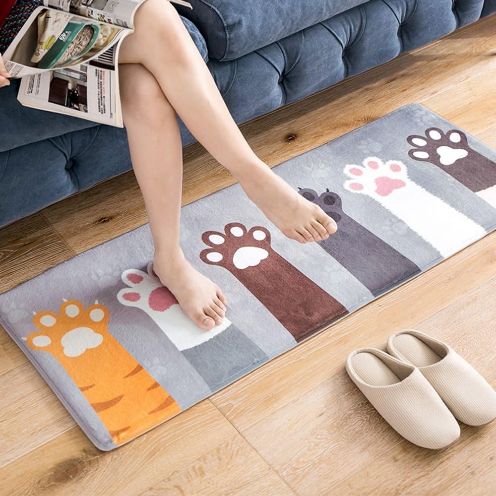 Wolala Home Coral Fleece Memory Foam Rug Super Soft Non-Slip Absorbent Bathroom Rugs Cute Cat Foot Thickening Kids Rug Runner (1'5x4'0, Gray)