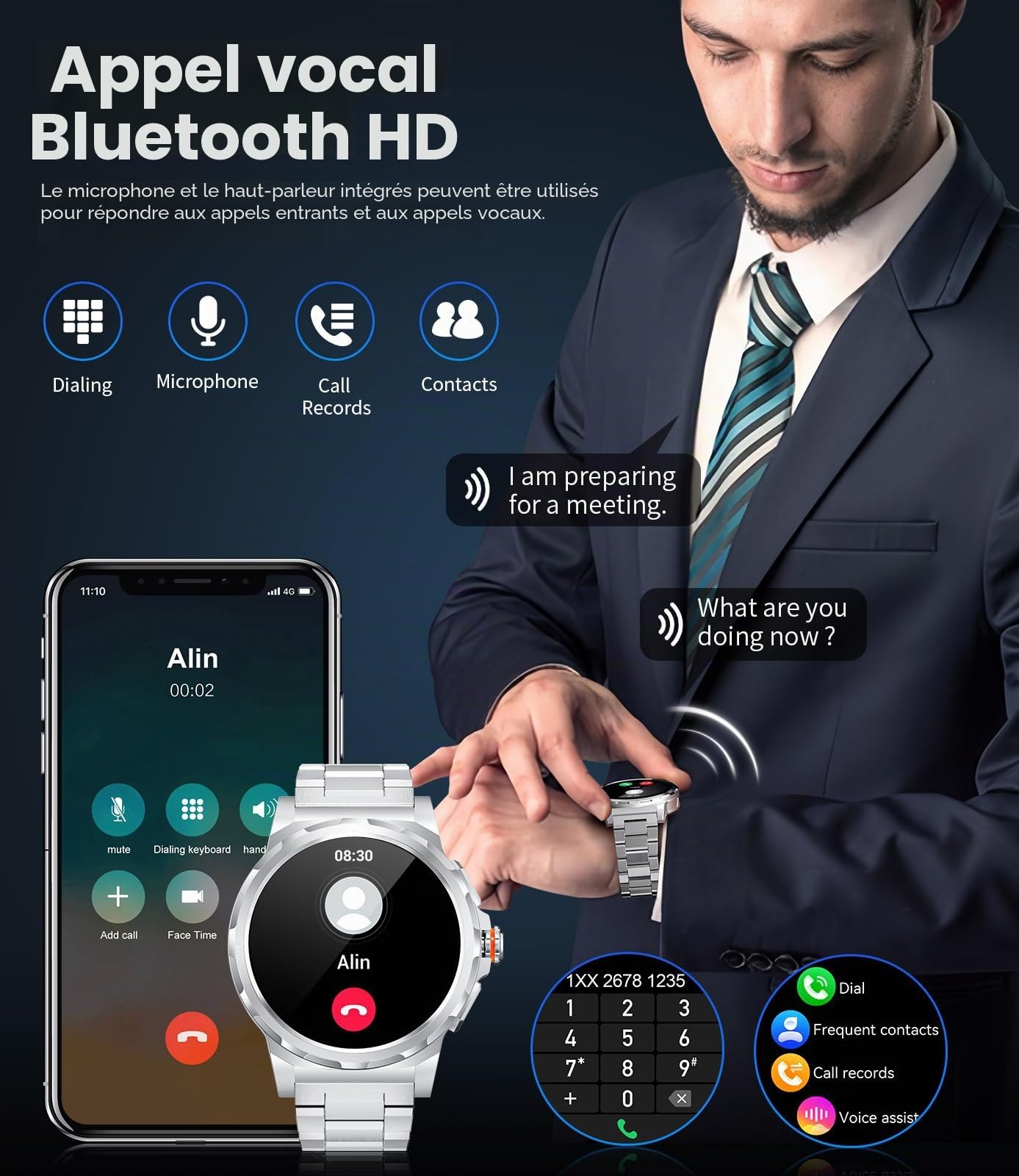 Montre Connectée Homme Militaire, Écran AMOLED 1,43", Appels Bluetooth, 3 Bracelets, Étanche IP68, Suivi de la Fréquence Cardiaque et du Sommeil, 120+ Modes Sportifs, Compatible Android et iOS,Argenté
