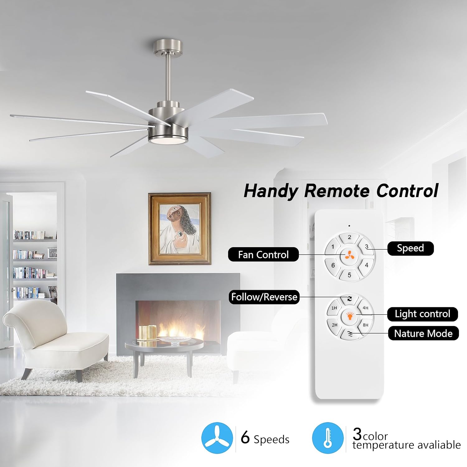 WINGBO 60" Large DC Ceiling Fans with Lights and Remote, 3 Downrods, 8 Plywood Blades, 6-Speeds Reversible DC Motor, 3CCT, Indoor Ceiling Fan for Bedroom Living Room Patio, Brushed Nickel and Silver