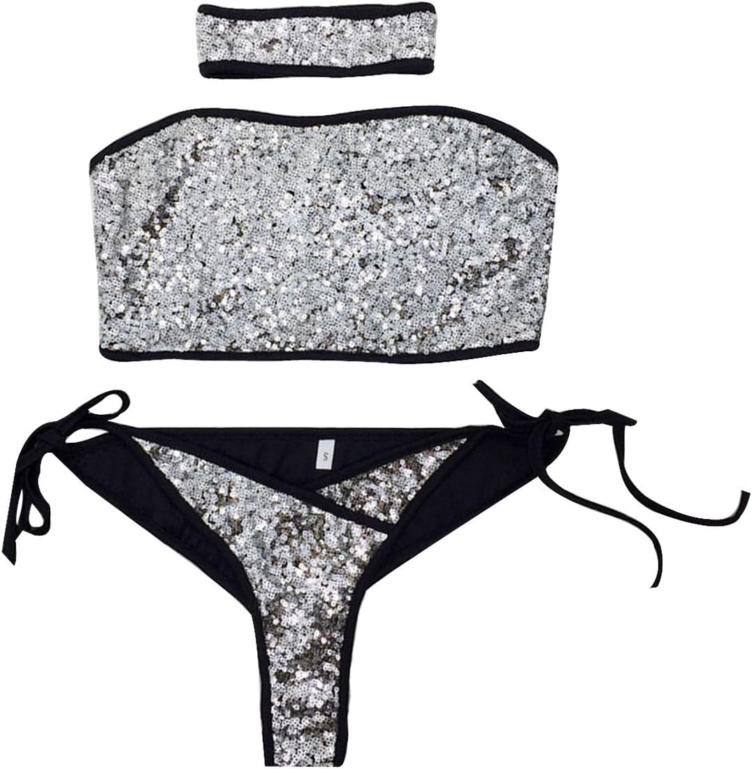 Womens Bikini Set Sequin Sexy Strapless Bathing Suit Swimwear with Choker Three Piece Swimsuit Beach Wear