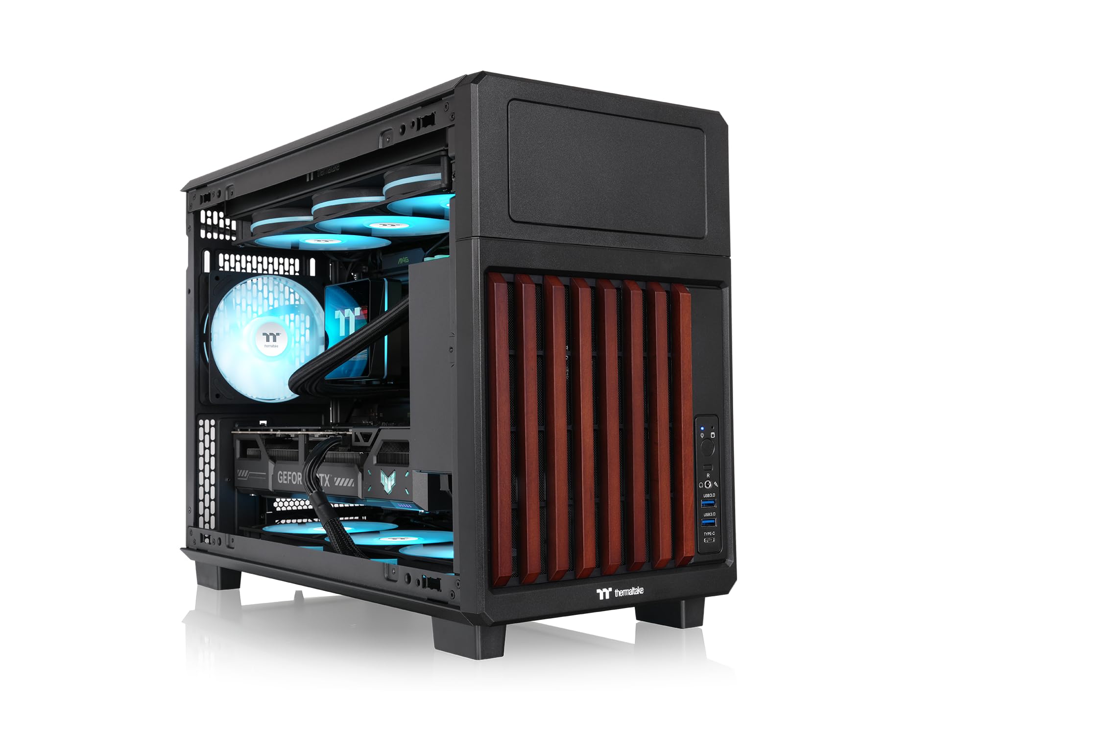 Thermaltake TR200 WS | Micro telaio | Micro‑ATX/Mini‑ITX | Supporto AIO da 360 mm | 7 × 120 mm | Drive Bay da 5,25" | USB‑C | nero