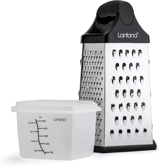 Lantana Cheese Grater with Container Hand held Grater/Slicer/Zester. 6 Essential Kitchen Functions for Coarse, Medium, Fine, Micro-Grating/Zesting/Slicing. Includes Fitted Measuring Container & Lid