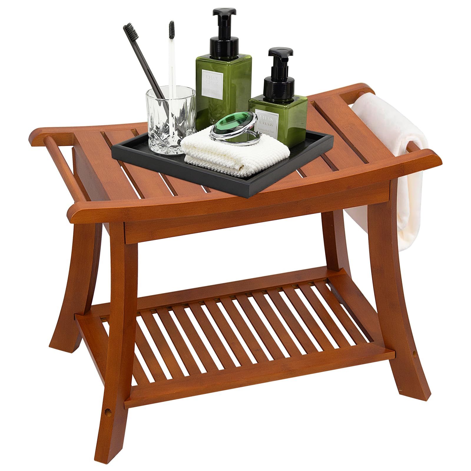 Bamboo Shower Bench with Storage Shelf and Handles, Waterproof Shower Seat for Inside, Shower Bath Stool for Spa, Sauna, Pool Deck, Patio, (Brown)