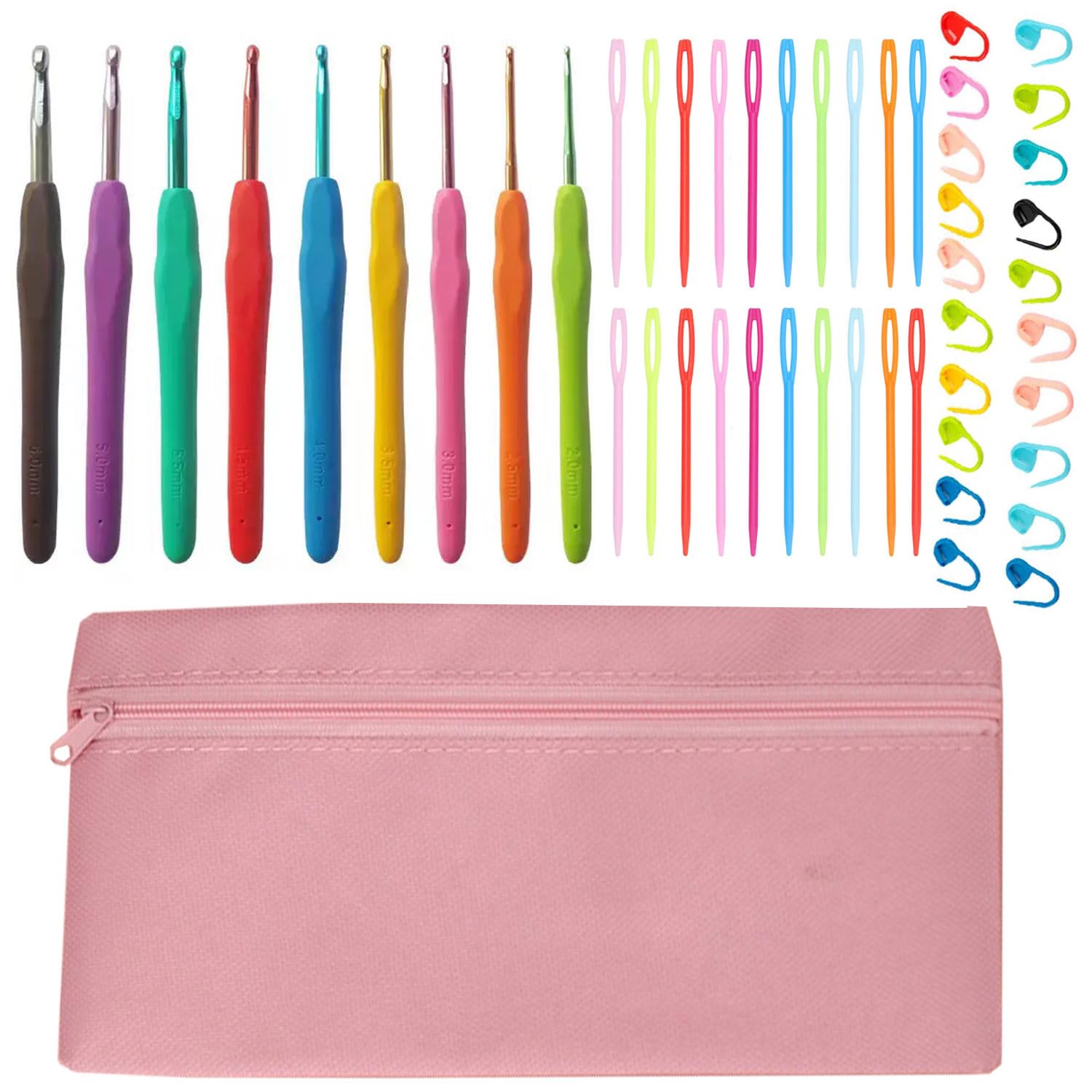 Philopack Colorful Hook+Pink Bag 50Pcs Crochet Hook Kit Ergonomic Soft Grip 9 Size Knitting Needles (2Mm-6Mm) With Stitch Markers Crochet Tool Perfect For Arthritic Hands Beginners
