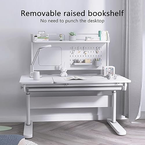 Miniatura 5 de FCD Escritorio ergonómico de madera de altura ajustable para niños con silla, mesa de dibujo, estación de computadora, estantería integrada