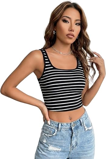 Aahwan Women's Polyester Slim Fit Solid Striped Print Crop Tank Top