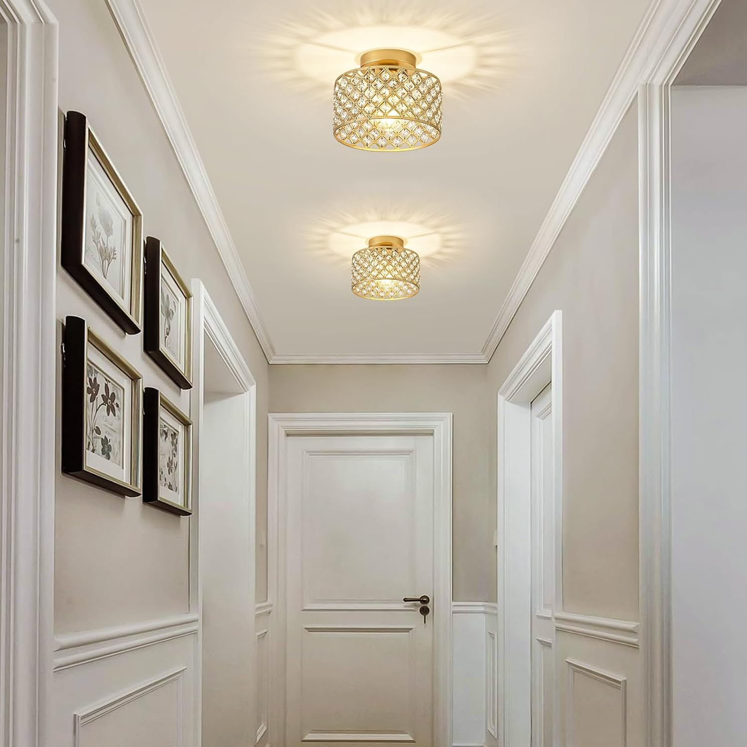 Gold Crystal Ceiling Light Fixture,Modern Semi Flush Mount Ceiling Lighting Fixture,Round Small Chandelier for Hallway, Entryway, Laundry Room, Kitchen, Bedroom, Foyer, Bathroom, 1 Light, 9 inch