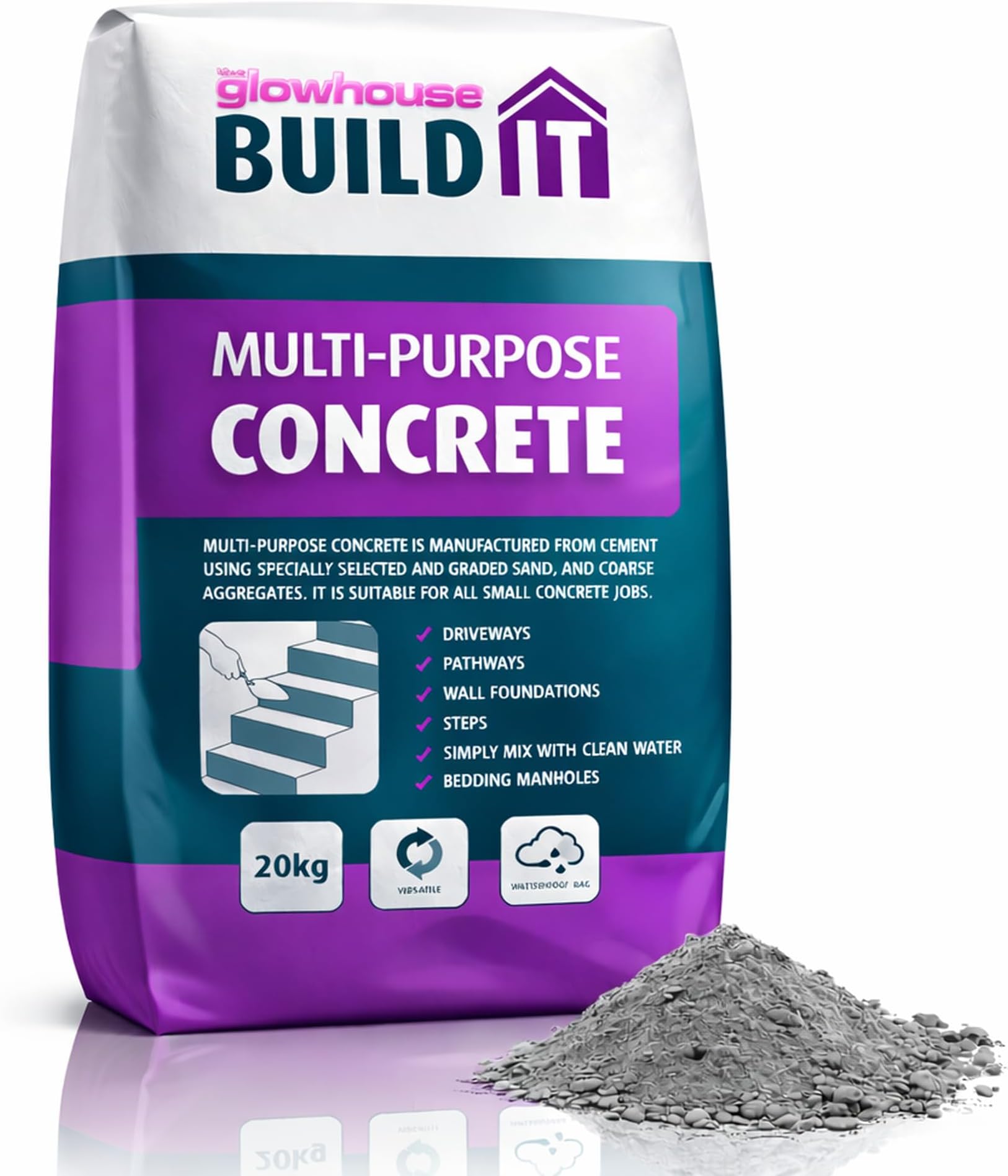The Glowhouse 20kg Multi-Purpose Concrete Bag Ready Mixed, Just Add Water, Suitable for All Concrete Jobs, Driveways, Paths, Walls, Steps and more, Waterproof Bag 20kg