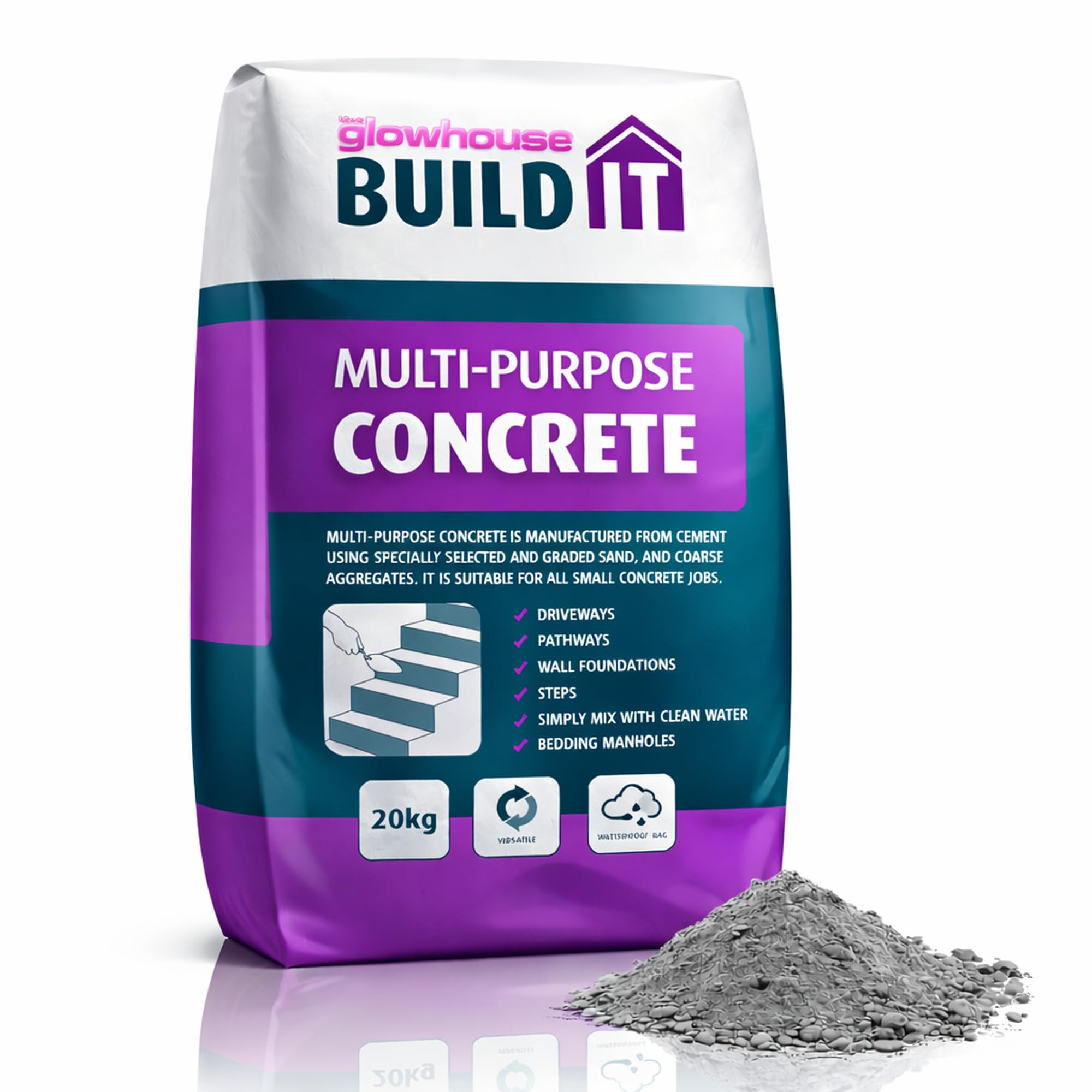 The Glowhouse Multi-Purpose Concrete Bag Ready Mixed, Just Add Water, Suitable for All Concrete Jobs, Driveways, Paths, Walls, Steps and more, Waterproof Bag 20kg