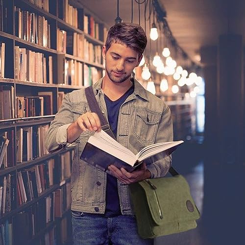 Miniatura 4 de Bolsa de lona vintage para hombres y mujeres, bolsa de hombro de viaje de 13.5 pulgadas, bolsa de libros (verde militar)