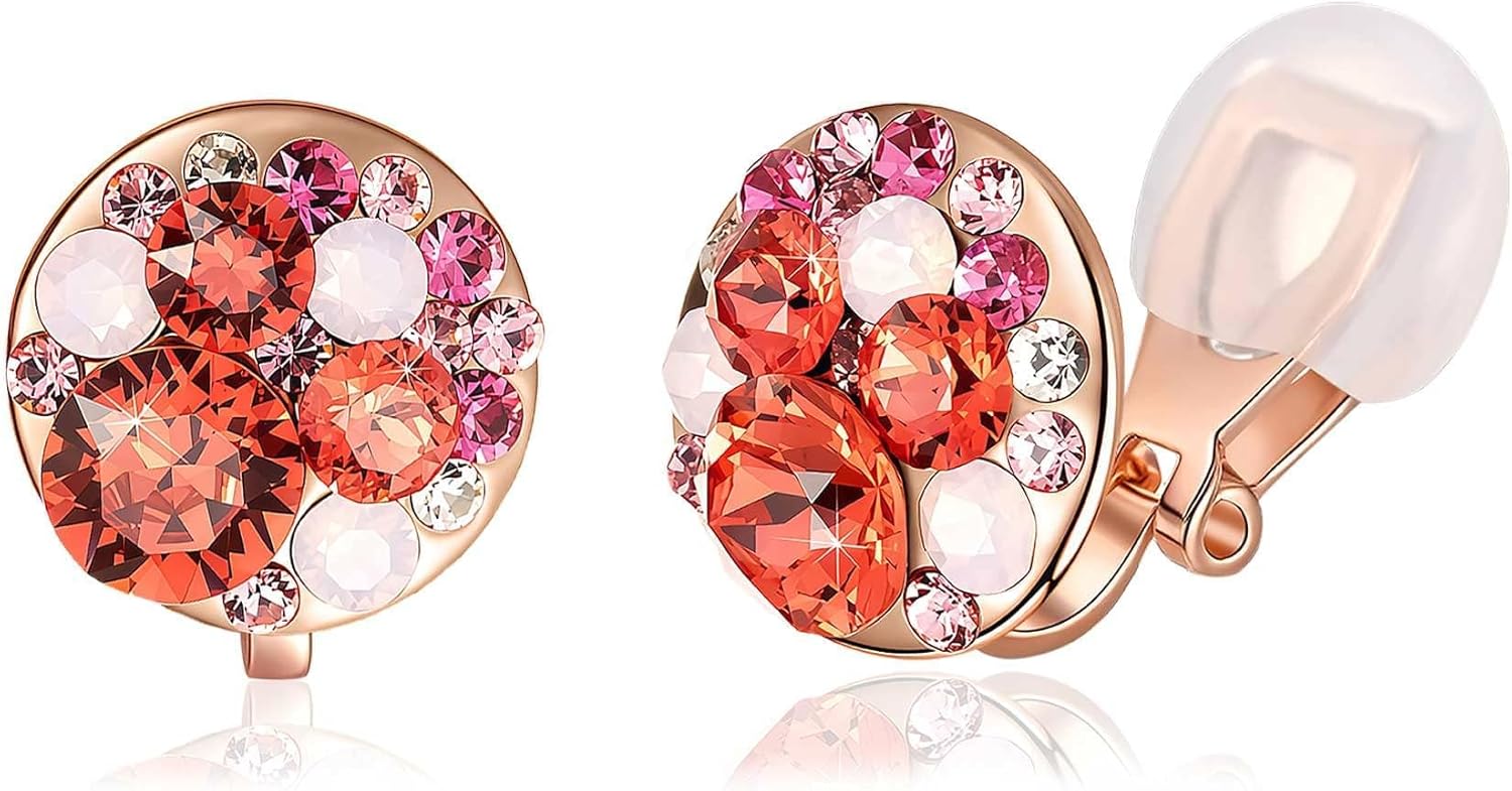 EVEVIC Austrian Crystal Multicolored Cilp On Earrings for Women 14K Gold Plated Non Pierced for Sensitive Ears Jewelry Gifts