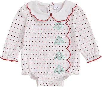 Infant Baby Girl Christmas Romper Dot Print Long Sleeve Doll Collar Tree Embroidery Bubble Jumpsuit 0-18 Months