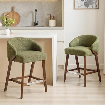 DUOMAY Modern Bar Stools Set of 2, 26" Counter Height Bar Stool with Footrest, Rubberwood Barstools with Chenille Upholstered Seat Counter Stools for Kitchen Island Home Bar Dining Room, Green