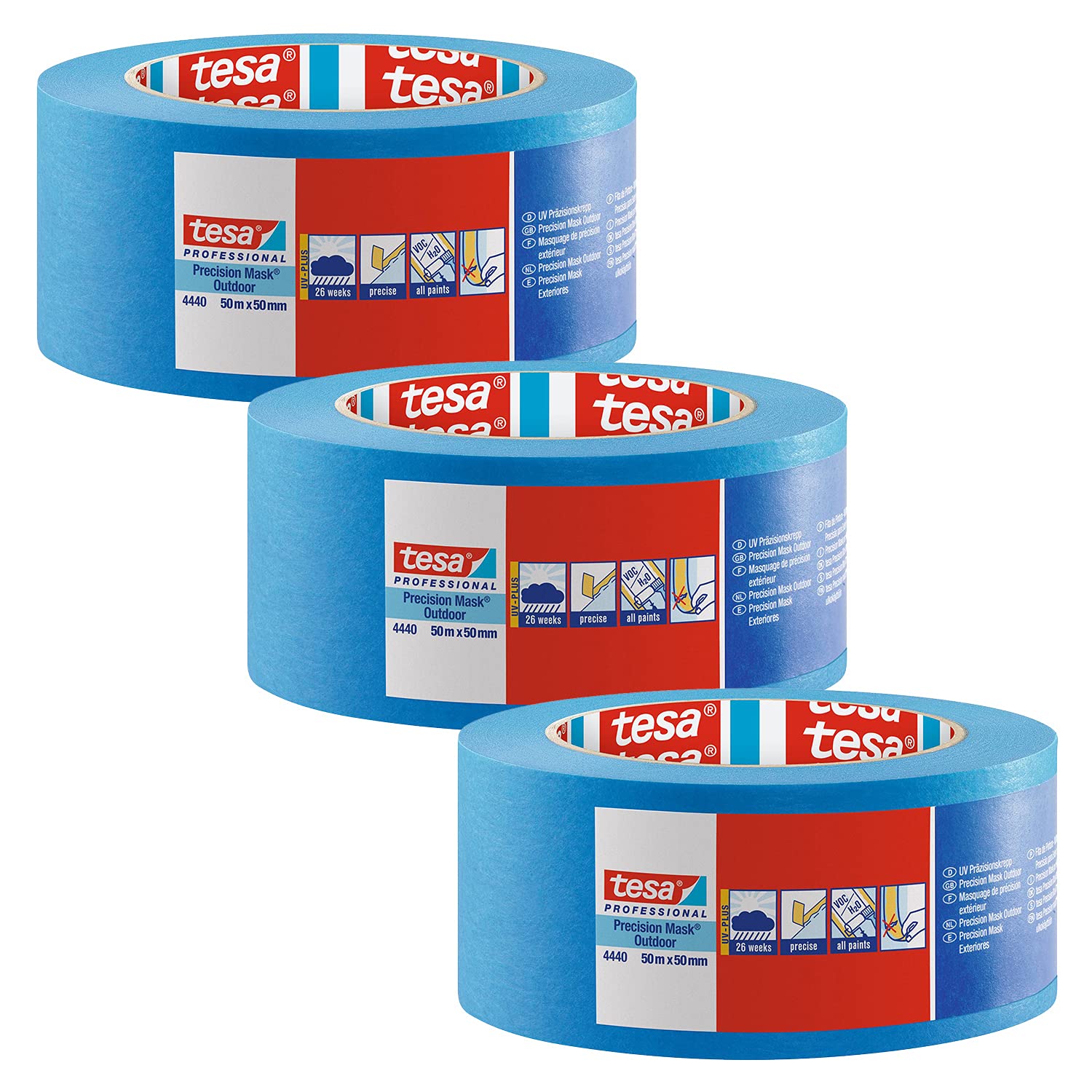 tesa 4440 nastro per mascheratura di precisione per esterni UV-PLUS, confezione da 5, resistente agli agenti atmosferici Per mascherature precise Blu, 50 m x 50 mm ciascuno
