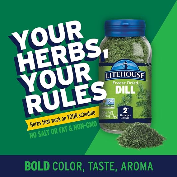 Litehouse Freeze Dried Dill - Substitute for Fresh Dill, Jar Equal to 2 Dill Fresh Bunches, Organic, Dill Weed Seasoning, Non-GMO, Gluten-Free - 0.35 Ounce