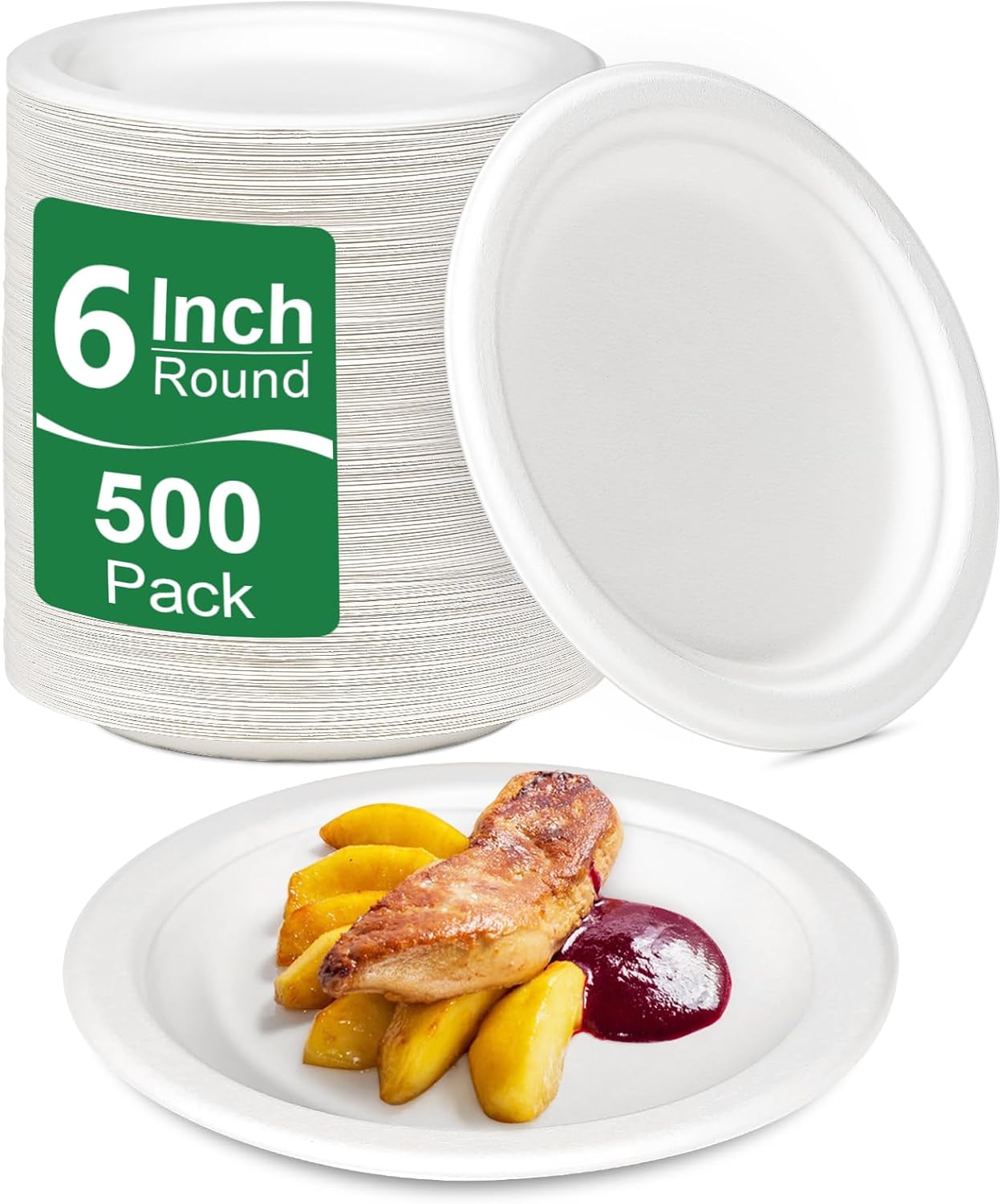 Small Plates Disposable, 6 Inch Paper Plates Bulk Heavy Duty, Compostable, White, 500 Count