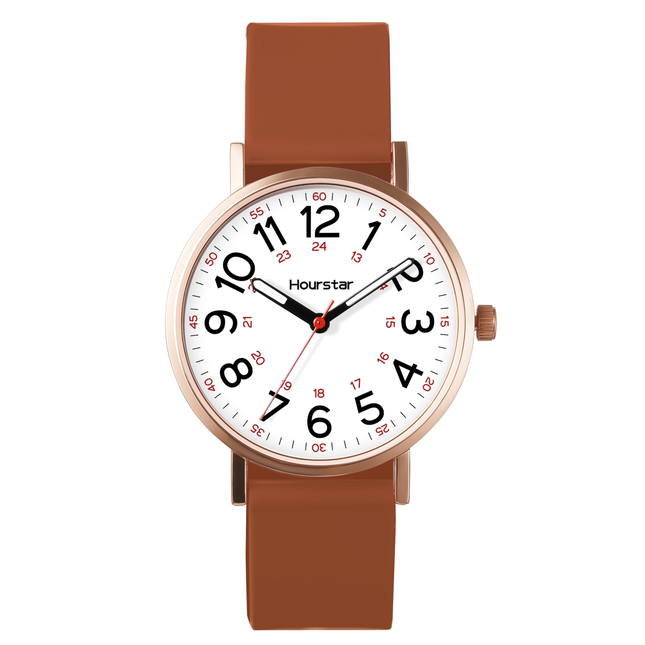 Reloj analógico de enfermera para mujer con segunda mano para enfermería, 12/24 horas, correa de silicona, fácil lectura (marrón)