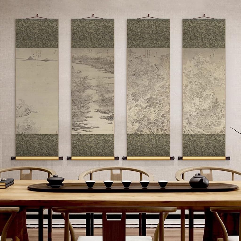 Handgemachte Vier-Jahreszeiten-Seidenkunst, Bibliotheks-Wanddekoration, Chinesisches Landschafts-Rollbild, Perfekte Abdeckung Für Wandunebenheiten(Retro A,158 * 50cm)
