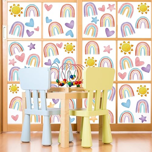 Miniatura 5 de AnyDesign 9 hojas de calcomanías bohemias de arco iris para ventana, acuarela, arco iris, corazón, sol, estrella, calcomanías decorativas para