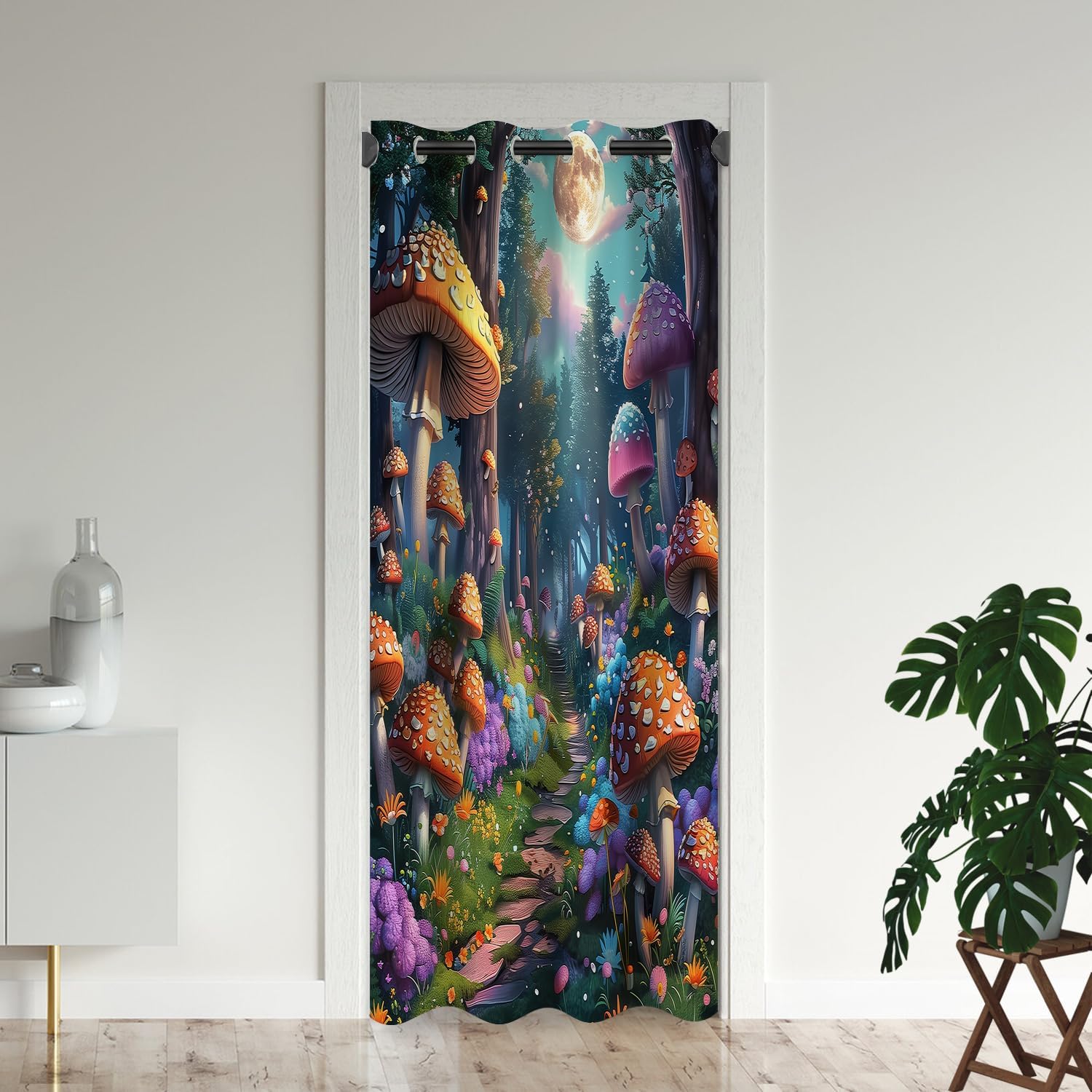 Forest Fairy Tales Door Curtains for Doorways, Mushroom Wonderland Botanical Blackout Curtain for Kids Bedroom Closet, Grommet Thermal Insulated Privacy Door Drapes for Room Divider, 42"W x 80"L
