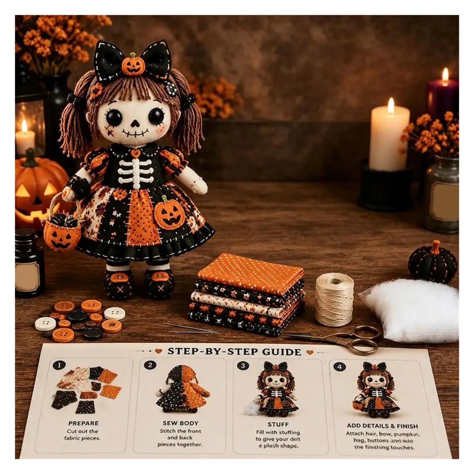 Avoltre kit patchwork fai da te Kit patchwork scheletro strega | Kit fai da te for bambola scheletro gotico(G)